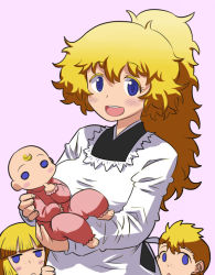 Rule 34 | 1girl, alternate hairstyle, apron, baby, blonde hair, blue hair, blush, breasts, child, curvy, dress, housewife, large breasts, long hair, matsuda yuusuke, mature female, mother and child, open mouth, original, ponytail, sexy yuusha, smile, yuusha to maou