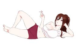 1girl bare_legs barefoot breasts brown_eyes brown_hair cigar commentary_request fukuda_shinichi full_body hair_ornament heisei_haizanhei_sumire-chan highres holding holding_cigar large_breasts long_hair looking_at_viewer lying midriff navel on_side parted_lips ponytail red_shorts shirt short_sleeves shorts simple_background single_bare_shoulder single_off_shoulder smoking solo stomach tied_shirt toujou_sumire white_background white_shirt