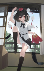 Rule 34 | 1girl, arm up, black hair, black ribbon, black skirt, black socks, blush, commentary, falling feathers, feathers, geta, hat, highres, holding, holding shoes, indoors, kanpa (campagne 9), kneehighs, looking at viewer, no wings, pointy ears, pom pom (clothes), puffy short sleeves, puffy sleeves, red eyes, red footwear, ribbon, shameimaru aya, shirt, shoes, short hair, short sleeves, skirt, smile, socks, solo, tatami, tengu-geta, tokin hat, touhou, twitter username, unworn shoes, white shirt