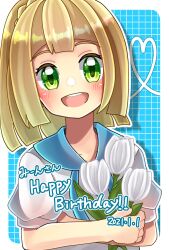 Rule 34 | 1girl, blonde hair, blue background, blunt bangs, creatures (company), crossed arms, flower, game freak, green eyes, happy birthday, highres, holding, holding flower, kokashiho, lillie (pokemon), lily (flower), long hair, looking at viewer, nintendo, open mouth, pokemon, pokemon sm, ponytail, shirt, smile, teeth, upper teeth only