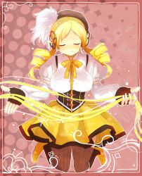 Rule 34 | 10s, 1girl, beret, blonde hair, boots, breasts, closed eyes, corset, detached sleeves, drill hair, e.f.cat, fingerless gloves, gloves, hair ornament, hat, kneeling, large breasts, magical girl, mahou shoujo madoka magica, mahou shoujo madoka magica (anime), pleated skirt, ribbon, shirt, skirt, smile, solo, striped clothes, striped thighhighs, taut clothes, taut shirt, thighhighs, tomoe mami, vertical-striped clothes, vertical-striped thighhighs