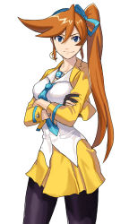 Rule 34 | 1girl, ace attorney, athena cykes, bad id, bad pixiv id, blue eyes, blue necktie, brown hair, capcom, cropped jacket, crossed arms, earrings, fingerless gloves, gloves, hair ribbon, highres, jewelry, long hair, miniskirt, necklace, necktie, ogros, pantyhose, partially fingerless gloves, phoenix wright: ace attorney - dual destinies, ribbon, side ponytail, single earring, single glove, skirt, solo, white background, yellow skirt