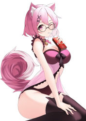 Rule 34 | 1girl, animal ear fluff, animal ears, babydoll, bare arms, bare shoulders, bell, black-framed eyewear, black thighhighs, breasts, choker, commission, curled tail, drinking, frills, glasses, hair ornament, hairclip, hand on own thigh, highres, holding, jingle bell, large breasts, looking at viewer, one eye closed, original, pink eyes, pink hair, round eyewear, short hair, simple background, solo, tail, tamatabe, thighhighs, thighs, underwear, underwear only, white background