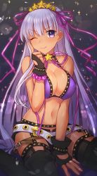 Rule 34 | 1girl, agsen, bare shoulders, bb (fate), bb (fate) (all), bb (swimsuit mooncancer) (fate), bb (swimsuit mooncancer) (second ascension) (fate), bead bracelet, beads, belt, bikini, black gloves, black shorts, black thighhighs, bracelet, breasts, cleavage, closed mouth, dark-skinned female, dark skin, fate/grand order, fate (series), fingerless gloves, gloves, gradient background, grey background, gyaru, hair ornament, hair ribbon, hairband, highres, index finger raised, jewelry, large breasts, long hair, looking at viewer, micro shorts, navel, neck ribbon, one eye closed, purple bikini, purple eyes, purple hair, purple ribbon, ribbon, short shorts, shorts, sitting, smile, solo, sparkle, star (symbol), star hair ornament, studded garter belt, swimsuit, tan, thighhighs, thighs, v-shaped eyebrows, very long hair, wariza, white belt