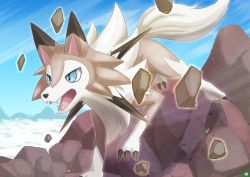 Rule 34 | absurdres, blue eyes, commentary request, creatures (company), day, fangs, game freak, gen 7 pokemon, glowing, hatoro kuroyoshi, highres, lycanroc, lycanroc (midday), nintendo, no humans, open mouth, outdoors, pokemon, pokemon (creature), rock, sky, solo, tongue