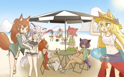 Rule 34 | +++, 1boy, 6+girls, :o, :t, absurdres, angelina (arknights), angelina (summer flower) (arknights), animal ear fluff, animal ears, anklet, arknights, beach, beach umbrella, bikini, black bikini, black bow, blonde hair, blue bikini, blue choker, blue eyes, blue footwear, blue innertube, blue sky, blush, bow, braid, breasts, breeze (arknights), brown hair, brown headwear, brown shorts, casual one-piece swimsuit, chair, chiave (arknights), choker, cleavage, cloud, collarbone, cropped shirt, crossed legs, cutter (arknights), drink, dur-nar (arknights), ears through headwear, eating, extra ears, fang, flat chest, flip-flops, flower, flying sweatdrops, food, fox ears, fox girl, fox tail, franka (arknights), frilled bikini, frills, fruit, green bikini, green eyes, green footwear, green jacket, green male swimwear, green swim trunks, grey hair, hair between eyes, hair bobbles, hair flower, hair ornament, hair ribbon, hairclip, hand on headwear, hands up, hat, hat bow, highres, holding, holding sword, holding tray, holding weapon, infection monitor (arknights), innertube, jacket, jewelry, large breasts, long hair, male swimwear, material growth, midriff, moon sugar, multiple girls, myrrh (arknights), navel, necklace, on chair, one-piece swimsuit, open clothes, open jacket, open mouth, orange hair, oripathy lesion (arknights), outdoors, ponytail, purple hair, red bikini, red hair, red one-piece swimsuit, red ribbon, ribbon, sandals, semi-rimless eyewear, shirt, short hair, shorts, sitting, sky, sparkling eyes, standing, stomach, straw hat, suikawari, sunglasses, sunlight, sussurro (arknights), sussurro (summer flower) (arknights), swim ring, swim trunks, swimsuit, swimsuit under clothes, sword, table, tail, thigh strap, tied shirt, topknot, topless male, transparent innertube, tray, twintails, two-tone bikini, umbrella, under-rim eyewear, water, watermelon, weapon, yellow background, yellow bikini, yellow eyes