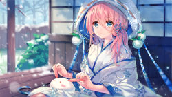 Rule 34 | 1girl, animal, bare tree, blue eyes, blue ribbon, blush, commentary request, day, hair between eyes, hair ribbon, japanese clothes, kimono, long hair, long sleeves, looking at viewer, off shoulder, original, outdoors, parted lips, pf, pink hair, rabbit, ribbon, snow, snow rabbit, snowflake print, snowing, solo, tree, veranda, white kimono, wide sleeves, yuki onna