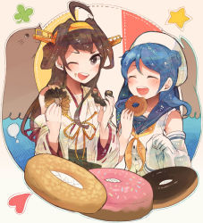 Rule 34 | 10s, 2girls, ahoge, black eyes, blue hair, brown hair, closed eyes, clover, detached sleeves, double bun, doughnut, eating, food, food bite, food on face, four-leaf clover, gloves, gradient background, hair bun, hairband, hat, heart, itomugi-kun, japanese clothes, kantai collection, kongou (kancolle), long hair, looking at viewer, multiple girls, nontraditional miko, one eye closed, open mouth, seal (animal), sprinkles, star (symbol), unworn gloves, urakaze (kancolle), white hat, wide sleeves