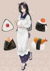Rule 34 | 1girl, absurdres, animal ears, arknights, black hair, brown background, caviar, clothing request, dog ears, dog girl, dog tail, fang, fang out, fingernails, fish (food), food, food request, fried food, full body, highres, ikura (food), long hair, looking at viewer, maria (syake-uni), onigiri, open mouth, rice, saga (arknights), shrimp, shrimp tempura, simple background, sleeves past elbows, socks, solo, sushi, tail, tempura, white socks, yellow eyes