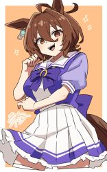 Rule 34 | 1girl, :d, agnes tachyon (umamusume), ahoge, animal ears, blush, bow, breasts, brown background, brown eyes, brown hair, commentary request, cropped legs, hair between eyes, hair intakes, hand up, highres, horse ears, horse girl, horse tail, looking at viewer, medium breasts, open mouth, pleated skirt, puffy short sleeves, puffy sleeves, purple bow, purple shirt, rakisutakonakona, school uniform, shirt, short sleeves, skirt, smile, solo, tail, tracen school uniform, two-tone background, umamusume, white background, white skirt