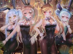 Rule 34 | 404 (girls&#039; frontline), 4girls, animal ears, bad id, bad pixiv id, bar (place), bare shoulders, between legs, black legwear, black leotard, blue leotard, blurry, blurry background, blush, bow, bowtie, breasts, brown eyes, brown hair, cleavage, counter, covered navel, detached collar, double bun, fake animal ears, g11 (girls&#039; frontline), girls&#039; frontline, green eyes, green leotard, hair between eyes, hair bun, hair ornament, hair tie, hanato (seonoaiko), hand between legs, hand on own hip, hand up, hk416 (girls&#039; frontline), indoors, knee up, large breasts, leotard, long hair, looking at viewer, medium breasts, multiple girls, one side up, open mouth, pantyhose, playboy bunny, rabbit ears, rabbit tail, scar, scar across eye, scar on face, sidelocks, silver hair, sitting, small breasts, smile, sparkle, tail, twintails, ump45 (girls&#039; frontline), ump9 (girls&#039; frontline), very long hair, wrist cuffs, yellow eyes