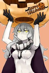 Rule 34 | 10s, 1girl, absurdres, abyssal ship, black gloves, bodysuit, cape, gloves, halloween, halloween costume, highres, kantai collection, long hair, nazunakku, personification, silver hair, solo, wo-class aircraft carrier, yellow eyes