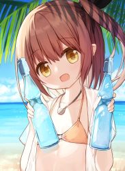 Rule 34 | 1girl, :d, bikini, black ribbon, bottle, brown bikini, brown hair, collarbone, commentary request, day, hair ribbon, hands up, head tilt, holding, holding bottle, horizon, long hair, lucena winter, ocean, one side up, open clothes, open mouth, open shirt, original, outdoors, palm tree, ramune, ribbon, shirt, short sleeves, smile, solo, swimsuit, tree, upper body, water, white shirt, yellow eyes, yuuhagi (amaretto-no-natsu)