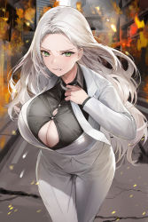 Rule 34 | 1girl, absurdres, blush, breasts, building, bursting breasts, business suit, buttons, cleavage, cleavage cutout, clenched teeth, clothing cutout, collared shirt, commentary, english commentary, fire, formal, green eyes, highres, huge breasts, jacket, large breasts, lillly, long hair, long sleeves, looking at viewer, necktie, original, pants, popped button, shirt, pants, solo, suit, tagme, teeth, thigh gap, very long hair, white hair, white necktie