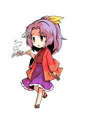 Rule 34 | 1girl, brown footwear, chibi, dairi, hair ribbon, hand fan, hand up, holding, holding fan, japanese clothes, kimono, komakusa sannyo, long sleeves, medium hair, multicolored clothes, open mouth, ponytail, purple hair, red eyes, red sleeves, ribbon, simple background, solo, standing, tachi-e, touhou, transparent background, white background, worried, yellow ribbon