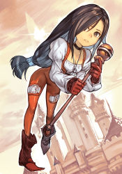 Rule 34 | 1girl, black choker, bodysuit, boots, brown eyes, brown hair, choker, closed mouth, collarbone, final fantasy, final fantasy ix, full body, garnet til alexandros xvii, gloves, holding, hungry clicker, jewelry, juliet sleeves, long hair, long sleeves, orange bodysuit, parted bangs, pendant, puffy sleeves, red gloves, shirt, solo, square enix, very long hair, white shirt