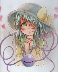 Rule 34 | 1girl, black hat, blouse, bow, collar, collared shirt, commentary request, d:, eyelashes, fingernails, frilled collar, frilled sleeves, frills, green eyes, hair over one eye, hat, hat bow, heart, heart of string, hikaru no yuska, interlocked fingers, komeiji koishi, long sleeves, looking at viewer, medium hair, open mouth, own hands together, shirt, silver hair, simple background, solo, tareme, third eye, touhou, traditional media, upper body, yellow bow, yellow shirt