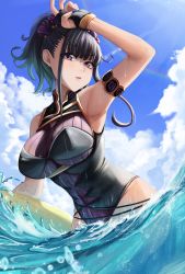 Rule 34 | 1girl, absurdres, arm up, armlet, armpits, bare shoulders, black hair, black one-piece swimsuit, blue sky, blush, breasts, dvdraw, fate/grand order, fate (series), flower, gloves, gold trim, hair flower, hair ornament, hair up, half gloves, highleg, highleg swimsuit, highres, large breasts, long hair, looking at viewer, murasaki shikibu (fate), murasaki shikibu (swimsuit rider) (fate), murasaki shikibu (swimsuit rider) (first ascension) (fate), ocean, one-piece swimsuit, parted lips, purple eyes, sky, swimsuit, wading, wet