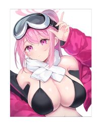 Rule 34 | 1girl, bikini, black bikini, blue archive, breasts, dano, eimi (blue archive), eimi (swimsuit) (blue archive), goggles, goggles on head, halo, jacket, large breasts, long hair, long sleeves, official alternate costume, open clothes, open jacket, pink eyes, pink hair, pink halo, pink jacket, ponytail, scarf, solo, swimsuit, upper body, white scarf