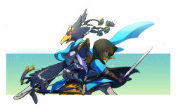 Rule 34 | 2boys, anniversary, armor, back-to-back, beak, bird boy, black cape, blonde hair, blue eyes, blue fur, blue hair, blue scarf, blue shirt, blurry, blush stickers, body fur, bow (weapon), braid, breastplate, brown gloves, cape, chromatic aberration, copyright name, cowboy shot, dated, depth of field, drawing bow, english text, fingerless gloves, from side, furry, furry male, glint, gloves, green eyes, grey pants, grin, hair tie, half-closed eyes, happy, highres, holding, holding bow (weapon), holding sword, holding weapon, hood, hood up, hooded cape, link, male focus, master sword, multiple boys, nintendo, open mouth, outside border, pants, profile, quad tails, revali, rito, scarf, sheath, shirt, short hair, short sleeves, shoulder pads, sidelocks, smile, standing, sword, teeth, the legend of zelda, the legend of zelda: breath of the wild, two-tone fur, ukata, weapon, white fur, winged arms, wings