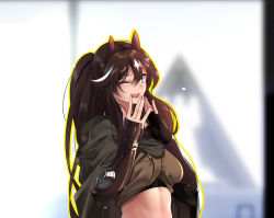 Rule 34 | 1girl, ;d, animal ears, arknights, breasts, brown hair, brown shirt, cape, commentary request, crop top, green eyes, grey cape, hair between eyes, hands up, highres, horse ears, indoors, long hair, looking at viewer, medium breasts, meteor (arknights), midriff, one eye closed, open mouth, outline, shijie jianfa, shirt, smile, solo, upper body, yellow outline