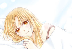 Rule 34 | 1girl, asuna (sao), blonde hair, brown eyes, closed mouth, collarbone, hair between eyes, hair down, jewelry, kanaoto neiro, long hair, looking at viewer, lying, off shoulder, on bed, on side, pov across bed, ring, signature, smile, solo, sword art online, under covers, upper body, wedding ring, white background
