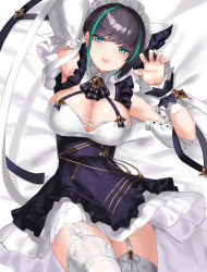 Rule 34 | 1girl, animal ears, apron, azur lane, blush, breasts, cheshire (azur lane), cleavage, detached sleeves, dress, frilled hairband, frilled headband, frilled ribbon, frills, garter straps, green eyes, green hair, hairband, highres, large breasts, long ribbon, looking at viewer, lying, maid, maid headdress, moroes, multicolored hair, on back, paw pose, puffy detached sleeves, puffy sleeves, purple apron, ribbon, smile, solo, streaked hair, thighhighs, white thighhighs, wrist cuffs