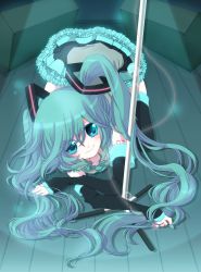 Rule 34 | all fours, aqua eyes, aqua hair, detached sleeves, frills, hatsune miku, highres, long hair, microphone stand, pecoe, skirt, string, string of fate, thighhighs, twintails, very long hair, vocaloid