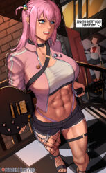 Rule 34 | abs, absurdres, alternate muscle size, biceps, blue eyes, blush, bocchi the rock!, breasts, chainsaw man, cube hair ornament, electric guitar, fluffydus, gibson les paul, gotoh hitori, guitar, hair between eyes, hair ornament, highres, holding, holding instrument, instrument, jacket, large breasts, long hair, long sleeves, multiple girls, muscular, muscular female, navel, obliques, one side up, open mouth, peppino spaghetti, pink hair, pink jacket, pizza tower, pochita (chainsaw man), solo focus, sports bra, tall female, thick thighs, thighs, toned, track jacket