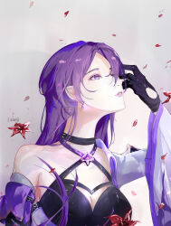 Rule 34 | 1girl, absurdres, acheron (honkai: star rail), bandaged arm, bandages, black choker, black gloves, breasts, choker, cleavage, commentary, criss-cross halter, crop top, earrings, english commentary, eyes visible through hair, flower, gloves, hair over one eye, halterneck, highres, honkai: star rail, honkai (series), jewelry, large breasts, looking up, parted lips, purple eyes, purple hair, purple lips, red flower, red petals, sae ji, single bare shoulder, solo, upper body, wide sleeves