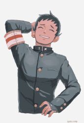 Rule 34 | 1boy, 23011620x, ace attorney, arm behind head, arm up, armband, black hair, black jacket, buttons, closed eyes, facing viewer, grey background, grin, hand on own hip, hand on own head, highres, jacket, long sleeves, male focus, open mouth, ryunosuke naruhodo, school uniform, scratching head, short hair, simple background, smile, solo, the great ace attorney, upper body