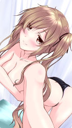 Rule 34 | 10s, 1girl, black panties, black ribbon, blurry, blush, breasts, brown eyes, cleavage, closed mouth, collarbone, covering privates, covering breasts, curtains, depth of field, dutch angle, eyebrows, eyelashes, from above, hair ribbon, kantai collection, lace, lace-trimmed panties, lace trim, leaning forward, light brown hair, long hair, looking at viewer, messy hair, mikage takashi, murasame (kancolle), no pants, panties, reaching, reaching towards viewer, ribbon, smile, solo, topless, twintails, underwear, underwear only