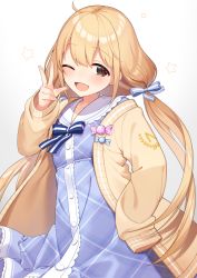 Rule 34 | 1girl, ;d, blue bow, blue dress, blush, bow, brown eyes, brown jacket, collared dress, commentary request, dress, futaba anzu, gradient background, grey background, hair between eyes, hair bow, hand on own hip, hand up, highres, idolmaster, idolmaster cinderella girls, idolmaster cinderella girls starlight stage, jacket, kinsenka momi, light brown hair, long hair, long sleeves, looking at viewer, low twintails, one eye closed, open mouth, plaid, plaid dress, sleeves past fingers, sleeves past wrists, smile, solo, star (symbol), striped, striped bow, twintails, v, very long hair, white background