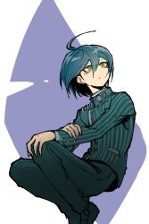 Rule 34 | 1boy, absurdres, ahoge, brown eyes, buttons, closed mouth, danganronpa (series), danganronpa v3: killing harmony, double-breasted, green jacket, green pants, highres, jacket, long sleeves, male focus, pants, purple background, saihara shuichi, shoes, short hair, solo, striped clothes, striped jacket, white background, youko-shima