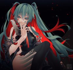 Rule 34 | 1girl, absurdres, aqua hair, aqua nails, bare shoulders, beretta 92, black background, blue eyes, closed mouth, collarbone, dated, ear piercing, earrings, facial mark, fang, fingernails, gun, hair between eyes, handgun, hatsune miku, highres, holding, holding gun, holding weapon, jewelry, leg tattoo, long fingernails, long hair, looking at viewer, nail polish, patterned, patterned clothing, piercing, pink lips, red hair, red pupils, signature, simple background, skin fang, smile, solo, tattoo, twintails, v, v over mouth, very long fingernails, vocaloid, weapon, yokaze (xxxdisxxx)
