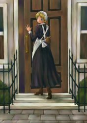 Rule 34 | blonde hair, blue eyes, boots, door, genshi, looking back, maid, solo, stairs