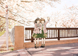 Rule 34 | 2girls, :d, ^ ^, absurdres, ankle socks, arm up, arrow (symbol), black footwear, blazer, blunt bangs, blush stickers, brown eyes, brown hair, cellphone, cherry blossoms, closed eyes, collared shirt, dappled sunlight, day, dot nose, facing viewer, falling petals, fence, floating hair, green legwear, green necktie, green skirt, grey jacket, hand on another&#039;s arm, hand on another&#039;s shoulder, hand up, happy, highres, holding, holding another&#039;s arm, holding phone, itunohika, jacket, loafers, long sleeves, looking to the side, looking up, medium hair, multiple girls, necktie, open clothes, open jacket, open mouth, original, outdoors, outstretched arm, petals, phone, pleated skirt, railing, ribbed legwear, road, road sign, scenery, school uniform, selfie, shade, shirt, shoes, short hair, sidewalk, sign, signature, skirt, smartphone, smile, socks, speed limit sign, spring (season), street, sunlight, taking picture, tareme, tree, tree shade, v, white shirt, wide shot, wind, wing collar
