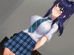 Rule 34 | 1girl, arms behind back, blue hair, blush, breasts, caruta, closed mouth, covered erect nipples, diagonal-striped neckwear, dutch angle, embarrassed, female focus, green eyes, hair between eyes, high ponytail, highres, indoors, kiraware kyoushi no saimin takuran, large breasts, legs, long hair, looking at viewer, necktie, original, ponytail, school uniform, shirt, skirt, solo, standing, stray pubic hair, striped necktie, striped neckwear, thighs, white shirt