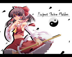 Rule 34 | 1girl, bow, brown hair, colorized, copyright name, detached sleeves, female focus, gohei, goma azarasi, hair bow, hakurei reimu, japanese clothes, letterboxed, looking at viewer, md5 mismatch, midriff, miko, navel, no bra, ofuda, short hair, simple background, skirt, solo, touhou, towamin, white background, yin yang