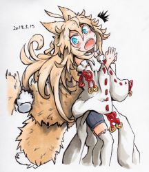 Rule 34 | 1girl, 1other, ahoge, animal ears, blue eyes, blue shorts, blush stickers, bow, dated, disembodied limb, fox ears, fox girl, fox tail, hair between eyes, japanese clothes, kazekiri, kitsune, light brown hair, long hair, long sleeves, looking back, looking down, multiple tails, open mouth, original, red bow, red ribbon, ribbon, short shorts, shorts, simple background, surprised, tail, tail grab, teeth, thighhighs, traditional media, upper teeth only, very long hair, white background, white thighhighs, wide sleeves