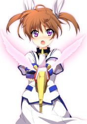 Rule 34 | 1girl, :o, bad id, bad pixiv id, brown hair, dress, fingerless gloves, gloves, hair ribbon, highres, lyrical nanoha, magical girl, mahou shoujo lyrical nanoha, mahou shoujo lyrical nanoha a&#039;s, mahou shoujo lyrical nanoha the movie 2nd a&#039;s, open mouth, oruto (ort+), oruton, puffy sleeves, purple eyes, raising heart, raising heart (cannon mode), ribbon, short twintails, solo, takamachi nanoha, takamachi nanoha (movie 1st mode), twintails, white background, wings