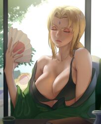 Rule 34 | 1girl, absurdres, armpit crease, black bra, blonde hair, book, bottle, bra, breasts, closed eyes, closed mouth, collarbone, cup, desk, eyeshadow, fanning self, forehead jewel, green kimono, hair intakes, hand fan, hand up, highres, holding, holding fan, japanese clothes, kimono, large breasts, lips, makeup, naruto, naruto (series), off shoulder, pink eyeshadow, pplord, sake bottle, single bare shoulder, sitting, solo, strap slip, tsunade (naruto), underwear, upper body, window