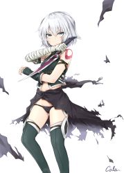 Rule 34 | 1girl, absurdres, arm belt, bandaged arm, bandages, bare shoulders, belt buckle, black cloak, black cola, black gloves, black panties, black shirt, black thighhighs, buckle, cloak, closed mouth, commentary request, dagger, facial scar, fate/grand order, fate (series), fingerless gloves, gloves, green eyes, hair between eyes, halterneck, hand up, highres, holding, holding knife, holding weapon, jack the ripper (fate/apocrypha), knife, looking at viewer, lowleg, lowleg panties, navel, panties, reverse grip, scar, scar across eye, scar on cheek, scar on face, serious, shirt, short hair, signature, silver hair, simple background, single glove, sleeveless, sleeveless shirt, solo, standing, tattoo, thighhighs, torn cloak, torn clothes, underwear, weapon, white background