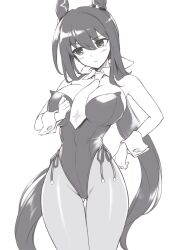 Rule 34 | 1girl, admire vega (umamusume), animal ears, breasts, detached collar, ear covers, gluteal fold, greyscale, highres, horse ears, horse girl, horse tail, large breasts, leotard, long hair, looking to the side, low ponytail, monochrome, necktie, nontraditional playboy bunny, pataneet, side-tie leotard, sideways glance, solo, standing, strapless, strapless leotard, tail, thigh gap, umamusume, very long hair