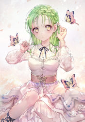 Rule 34 | 1girl, bad id, bad pixiv id, black ribbon, blush, bug, butterfly, closed mouth, commentary, corset, dress, english commentary, floral print, flower, green hair, hair flower, hair ornament, highres, insect, long hair, long sleeves, neck ribbon, original, puffy long sleeves, puffy sleeves, ribbon, see-through, sitting, solo, tsumugi 8345, white dress, yellow eyes