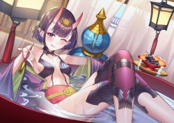 Rule 34 | 1girl, absurdres, bare shoulders, bathing, bob cut, breasts, collarbone, crossed legs, cup, curtains, eyeliner, fate/grand order, fate (series), food, fruit, gourd, grapes, headpiece, highres, horns, japanese clothes, kimono, lantern, long sleeves, looking at viewer, makeup, obi, one eye closed, oni, peach, pointy ears, purple eyes, purple hair, purple kimono, revealing clothes, sakazuki, sash, short hair, shuten douji (fate), sitting, skin-covered horns, small breasts, smile, smoking pipe, solo, tongue, tongue out, water, wet, wide sleeves, zero yee