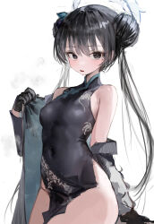 Rule 34 | 1girl, bad id, bad twitter id, black dress, black eyes, black gloves, black hair, blue archive, breasts, china dress, chinese clothes, coat, double bun, dress, gloves, hair bun, halo, highres, kisaki (blue archive), long hair, long sleeves, looking at viewer, medium breasts, open clothes, open coat, parted lips, pelvic curtain, side slit, simple background, sleeveless, sleeveless dress, small breasts, solo, striped, striped coat, twintails, white background, yonchan