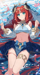Rule 34 | 1girl, absurdres, aqua eyes, bare shoulders, blue skirt, breasts, brooch, chinese commentary, commentary request, crop top, detached sleeves, feet out of frame, genshin impact, hands up, head tilt, highres, horns, jewelry, long hair, long sleeves, looking at viewer, medium breasts, midriff, navel, nilou (genshin impact), partially submerged, red hair, skirt, smile, solo, stomach, thighlet, thighs, veil, very long hair, water, yajuu