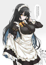 Rule 34 | 2girls, adjusting hair, alternate costume, apron, black dress, black hair, breasts, chibi, chibi inset, clothes lift, commentary request, dandelion (girls&#039; frontline), dress, dress lift, enmaided, fatkewell, frilled apron, frills, girls&#039; frontline, grey background, hair between eyes, hand in own hair, headgear, highres, juliet sleeves, large breasts, long hair, long sleeves, maid, maid headdress, multiple girls, ouroboros (girls&#039; frontline), puffy sleeves, translation request, white apron, yellow eyes