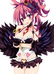 Rule 34 | 1girl, :p, between breasts, blush, bracelet, breasts, cleavage, crown, disgaea, frilled skirt, frills, heart, jewelry, kanitama, looking at viewer, makai senki disgaea 5, miniskirt, navel, necktie, pink hair, pointy ears, purple eyes, seraphina (disgaea), short hair, simple background, skirt, solo, tongue, tongue out, white background